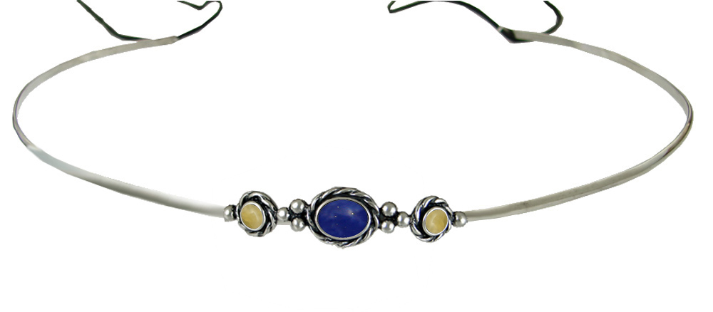 Sterling Silver Renaissance Style Exquisite Headpiece Circlet Tiara With Lapis Lazuli And Yellow Jade